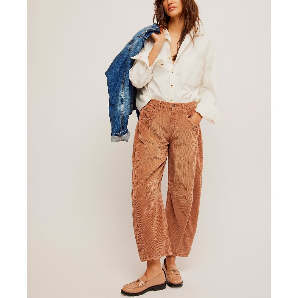 Free People Corduroy Barrel Pants in Camel Brown